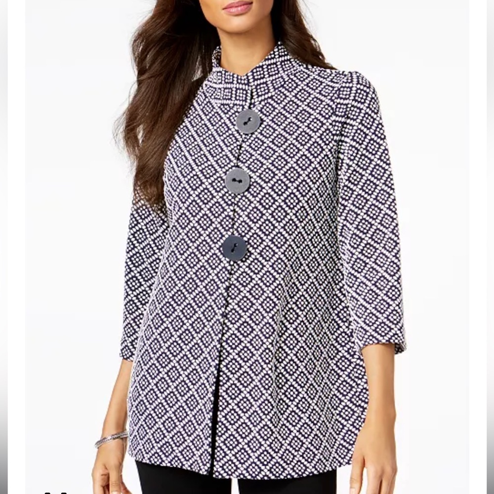 JM Collection Geometric Black & White Mandrin Collar 3 Button Jacket Sz L‎ NWT